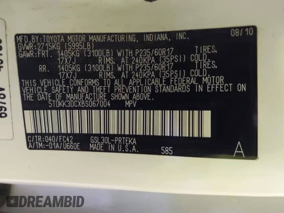 2011 Toyota Sienna LE AAS with VIN 5TDKK3DCXBS067004, listed as a IAAI auction lot 43246241 with 235,718 mi miles and . Bid and sale history available at DreamBid. Image 9.