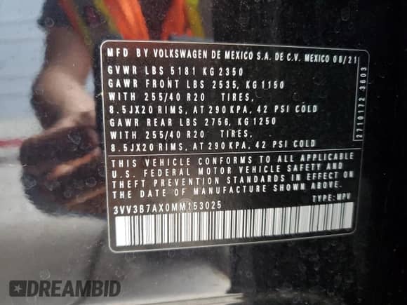 2021 Volkswagen Tiguan SE с VIN 3VV3B7AX0MM153025, выставлен на аукционе Copart как лот 71556115 с пробегом 36 838 миль миль и Списание • Salvage title. История ставок и продаж доступна на DreamBid. Изображение 14.