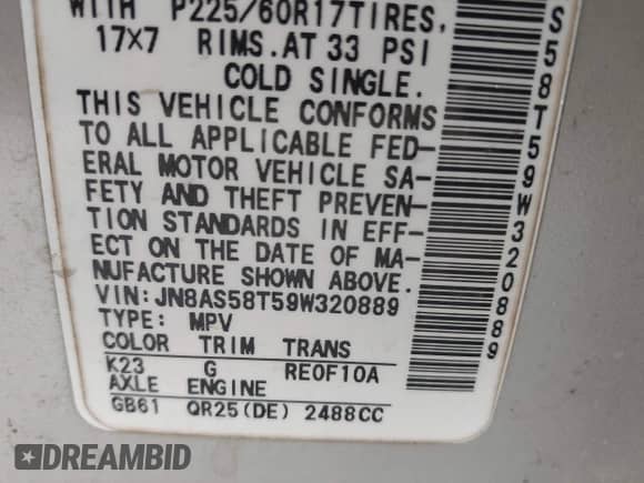 2009 Nissan Rogue SL with VIN JN8AS58T59W320889, listed as a IAAI auction lot 43313718 with 189,797 mi miles and . Bid and sale history available at DreamBid. Image 9.