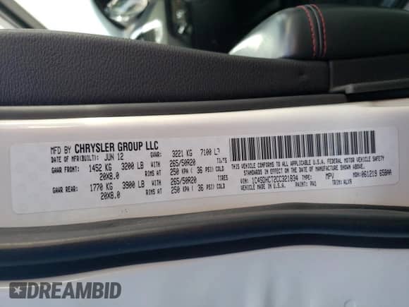 2012 Dodge Durango R/T with VIN 1C4SDHCT2CC321834, listed as a Copart auction lot 44546865 with 172,880 mi miles and Salvage title. Bid and sale history available at DreamBid. Image 13.