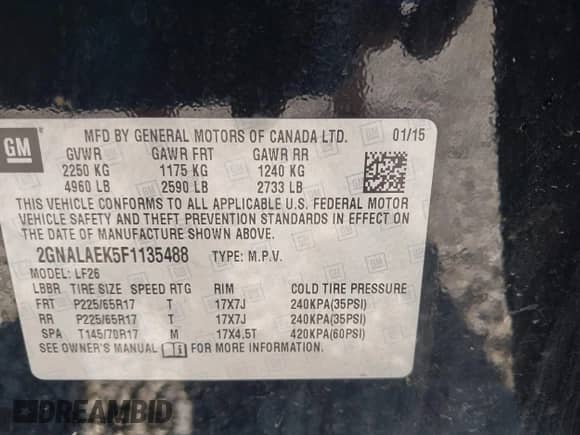 2015 Chevrolet Equinox LS z VIN 2GNALAEK5F1135488, wystawiony jako IAAI lot #43186773 z przebiegiem 174 356 mil mil oraz . Historia ofert i sprzedaży dostępna na DreamBid. Obrazek 9.