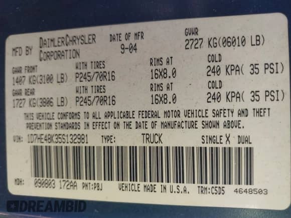 2005 Dodge Dakota SLT с VIN 1D7HE48K35S132981, выставлен на аукционе IAAI как лот 41475748 с пробегом 205 677 миль миль и . История ставок и продаж доступна на DreamBid. Изображение 9.