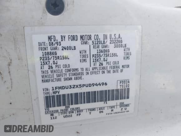 1993 Ford Explorer Eddie Bauer z VIN 1FMDU32X5PUD94496, wystawiony jako IAAI lot #42494424 z przebiegiem 26 047 mil mil oraz . Historia ofert i sprzedaży dostępna na DreamBid. Obrazek 9.