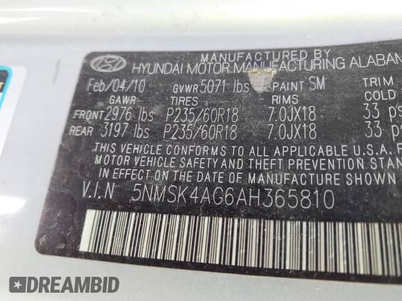 2010 Hyundai Santa Fe Limited with VIN 5NMSK4AG6AH365810, listed as a IAAI auction lot 42409081 with 217,502 mi miles and . Bid and sale history available at DreamBid. Image 9.