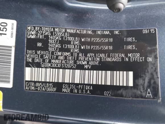 2015 Toyota Sienna Limited with VIN 5TDDK3DCXFS120752, listed as a IAAI auction lot 43095637 with 151,423 mi miles and . Bid and sale history available at DreamBid. Image 18.