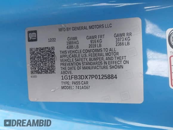 2023 Chevrolet Camaro 1LT with VIN 1G1FB3DX7P0125884, listed as a IAAI auction lot 41829589 with 5,700 mi miles and . Bid and sale history available at DreamBid. Image 9.