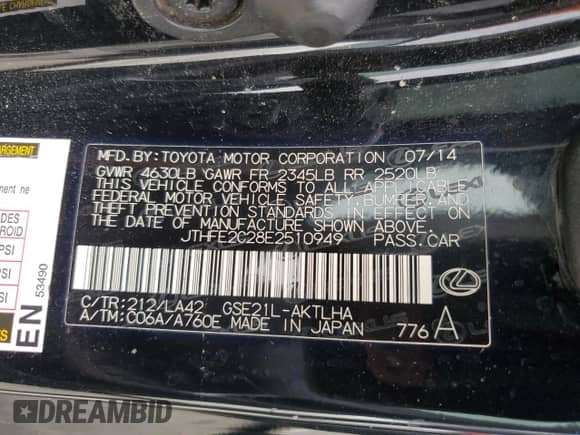 2014 Lexus IS 350 C с VIN JTHFE2C28E2510949, выставлен на аукционе Copart как лот 74630924 с пробегом Не указан миль и На запчасти • Non repairable. История ставок и продаж доступна на DreamBid. Изображение 13.