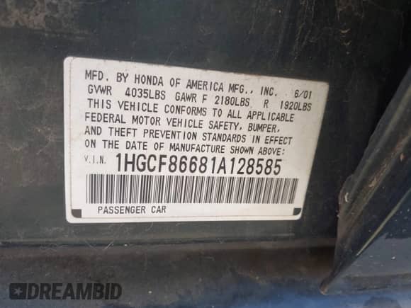 2001 Honda Accord VP с VIN 1HGCF86681A128585, выставлен на аукционе IAAI как лот 42866826 с пробегом 232 143 миль миль и . История ставок и продаж доступна на DreamBid. Изображение 9.