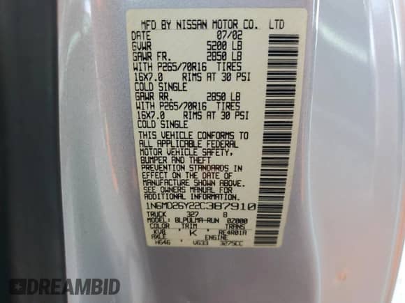 2002 Nissan Frontier SVE с VIN 1N6MD26Y22C387910, выставлен на аукционе Copart как лот 45506195 с пробегом 133 913 миль миль и Списание • Salvage title. История ставок и продаж доступна на DreamBid. Изображение 12.