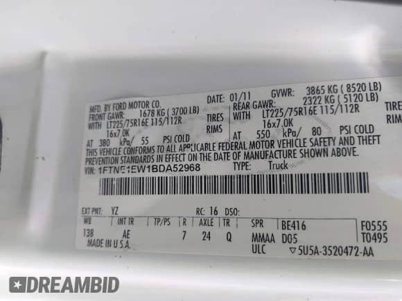 2011 Ford Econoline Cargo Commercial with VIN 1FTNE1EW1BDA52968, listed as a IAAI auction lot 42591275 with 359,304 mi miles and . Bid and sale history available at DreamBid. Image 9.