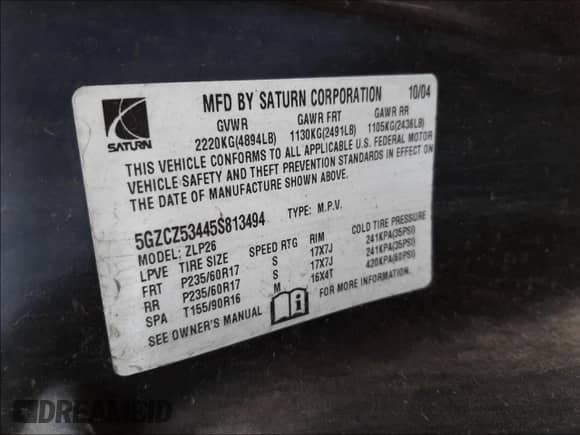 2005 Saturn VUE with VIN 5GZCZ53445S813494, listed as a Copart auction lot 32367501 with 98,417 mi miles and Salvage title. Bid and sale history available at DreamBid. Image 10.