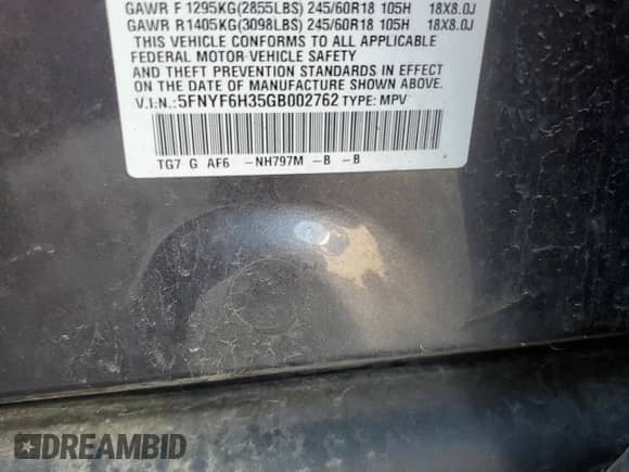 2016 Honda Pilot EX with VIN 5FNYF6H35GB002762, listed as a Copart auction lot 81909635 with 213,649 mi miles and Non repairable. Bid and sale history available at DreamBid. Image 13.