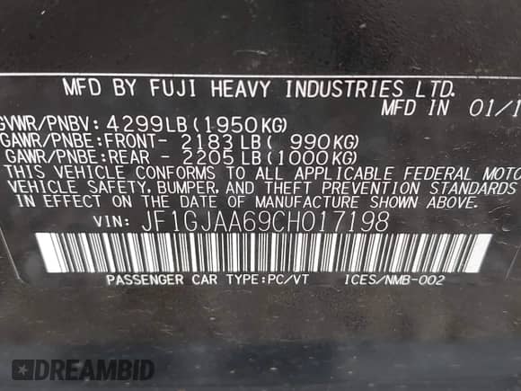 2012 Subaru Impreza 2.0i z VIN JF1GJAA69CH017198, wystawiony jako IAAI lot #42823386 z przebiegiem 78 169 mil mil oraz . Historia ofert i sprzedaży dostępna na DreamBid. Obrazek 9.