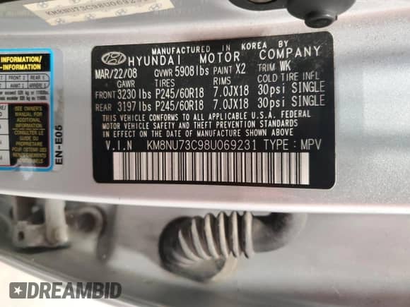 2008 Hyundai Veracruz GLS с VIN KM8NU73C98U069231, выставлен на аукционе Copart как лот 72242574 с пробегом 167 832 миль миль и Чистый • Clean title. История ставок и продаж доступна на DreamBid. Изображение 12.