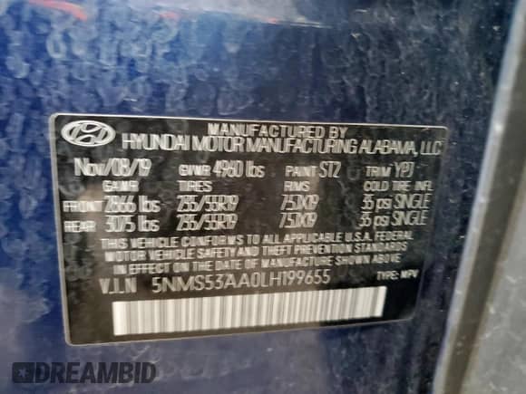 2020 Hyundai Santa Fe Limited with VIN 5NMS53AA0LH199655, listed as a Copart auction lot 85530725 with 57,222 mi miles and Salvage title. Bid and sale history available at DreamBid. Image 13.