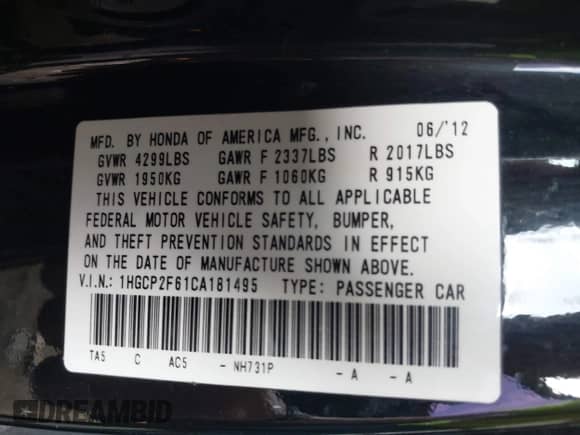 2012 Honda Accord SE z VIN 1HGCP2F61CA181495, wystawiony jako IAAI lot #43218196 z przebiegiem 198 160 mil mil oraz . Historia ofert i sprzedaży dostępna na DreamBid. Obrazek 9.