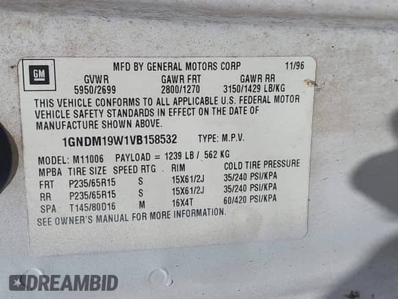 1997 Chevrolet Astro z VIN 1GNDM19W1VB158532, wystawiony jako IAAI lot #42903651 z przebiegiem 121 360 mil mil oraz . Historia ofert i sprzedaży dostępna na DreamBid. Obrazek 9.
