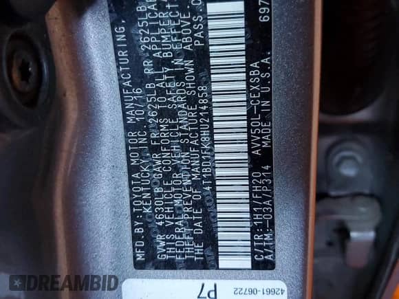 2017 Toyota Camry Hybrid LE z VIN 4T1BD1FK8HU214858, wystawiony jako Copart lot #81819275 z przebiegiem 242 434 mil mil oraz Szkoda całkowita • Salvage title. Historia ofert i sprzedaży dostępna na DreamBid. Obrazek 12.