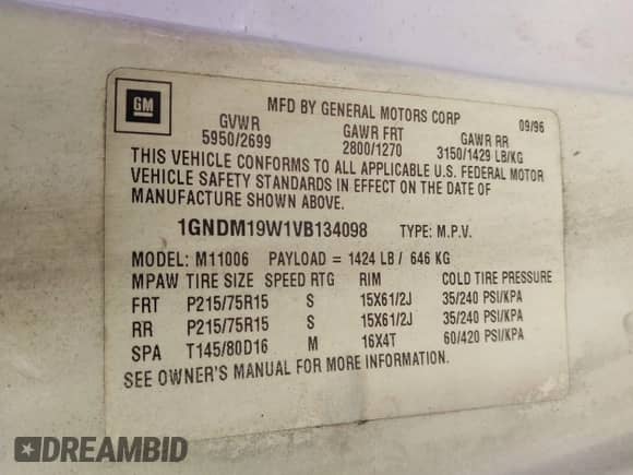 1997 Chevrolet Astro с VIN 1GNDM19W1VB134098, выставлен на аукционе IAAI как лот 43328585 с пробегом 284 365 миль миль и . История ставок и продаж доступна на DreamBid. Изображение 9.