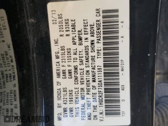 2013 Honda Accord EX with VIN 1HGCR2F75DA111597, listed as a Copart auction lot 82061945 with 213,933 mi miles and Salvage title. Bid and sale history available at DreamBid. Image 12.