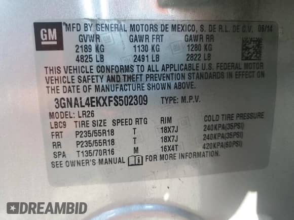 2015 Chevrolet Captiva Sport LTZ с VIN 3GNAL4EKXFS502309, выставлен на аукционе Copart как лот 64788575 с пробегом 157 928 миль миль и Списание • Salvage title. История ставок и продаж доступна на DreamBid. Изображение 13.