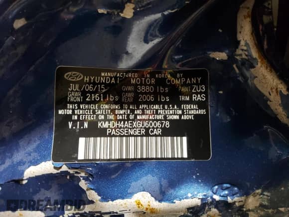 2016 Hyundai Elantra Value Edition с VIN KMHDH4AEXGU600678, выставлен на аукционе Copart как лот 43893023 с пробегом Не указан миль и На запчасти • Non repairable. История ставок и продаж доступна на DreamBid. Изображение 12.