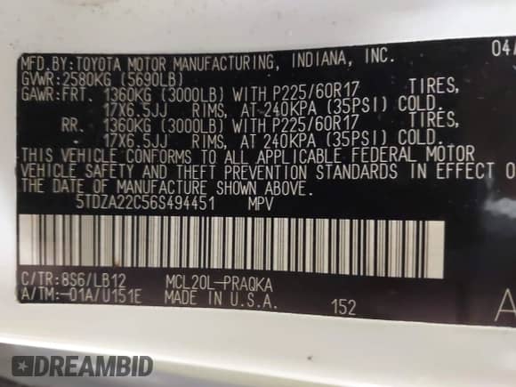 2006 Toyota Sienna XLE with VIN 5TDZA22C56S494451, listed as a IAAI auction lot 42337281 with 97,457 mi miles and . Bid and sale history available at DreamBid. Image 9.