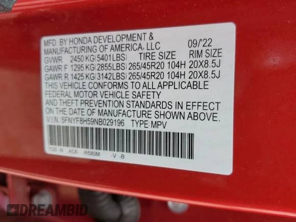 2022 Honda Passport EX-L с VIN 5FNYF8H59NB029196, выставлен на аукционе Copart как лот 84275115 с пробегом 72 739 миль миль и Списание • Salvage title. История ставок и продаж доступна на DreamBid. Изображение 13.