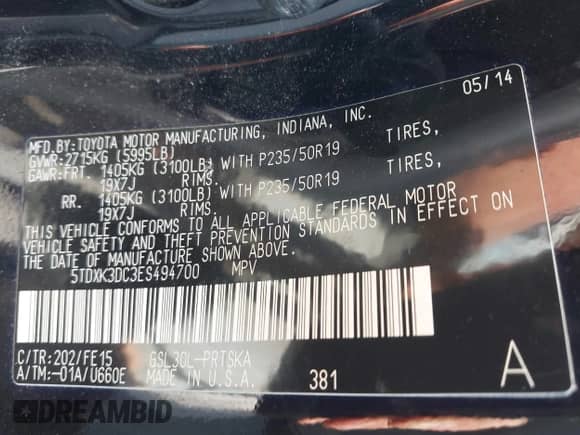 2014 Toyota Sienna SE with VIN 5TDXK3DC3ES494700, listed as a IAAI auction lot 42406747 with 73,410 mi miles and . Bid and sale history available at DreamBid. Image 9.