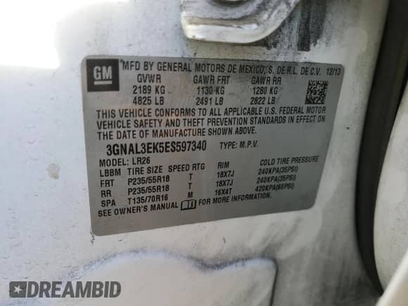 2014 Chevrolet Captiva Sport LT with VIN 3GNAL3EK5ES597340, listed as a Copart auction lot 76725174 with 105,797 mi miles and Clean title. Bid and sale history available at DreamBid. Image 13.