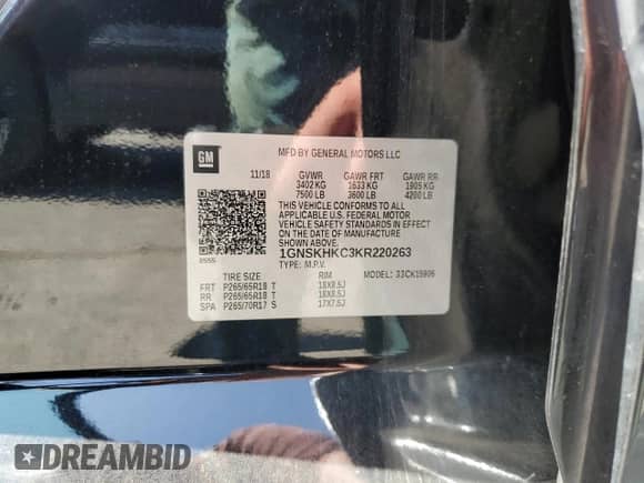 2019 Chevrolet Suburban LT с VIN 1GNSKHKC3KR220263, выставлен на аукционе Copart как лот 80171095 с пробегом 177 649 миль миль и Чистый • Clean title. История ставок и продаж доступна на DreamBid. Изображение 13.