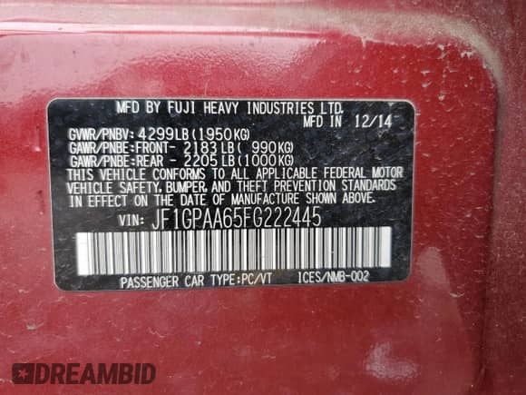 2015 Subaru Impreza 2.0i with VIN JF1GPAA65FG222445, listed as a Copart auction lot 59757235 with 146,992 mi miles and Salvage title. Bid and sale history available at DreamBid. Image 12.