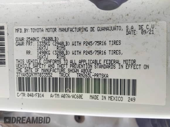 2021 Toyota Tacoma SR с VIN 3TYAX5GN7MT033552, выставлен на аукционе IAAI как лот 43068415 с пробегом 83 512 миль миль и . История ставок и продаж доступна на DreamBid. Изображение 9.