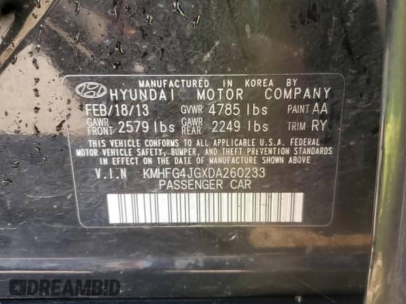 2013 Hyundai Azera с VIN KMHFG4JGXDA260233, выставлен на аукционе Copart как лот 68783475 с пробегом 184 595 миль миль и Списание • Salvage title. История ставок и продаж доступна на DreamBid. Изображение 12.