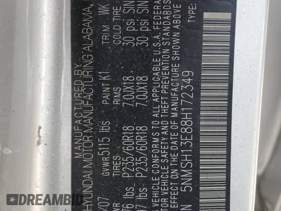 2008 Hyundai Santa Fe SE с VIN 5NMSH13E88H172349, выставлен на аукционе Copart как лот 73154164 с пробегом 157 021 миль миль и Списание • Salvage title. История ставок и продаж доступна на DreamBid. Изображение 13.