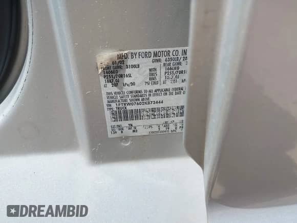 2002 Ford F-150 XLT with VIN 1FTRW07602KB73444, listed as a IAAI auction lot 42744286 with 208,152 mi miles and . Bid and sale history available at DreamBid. Image 9.