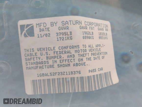 2003 Saturn ION ION 3 with VIN 1G8AL52F23Z118376, listed as a IAAI auction lot 41973170 with 113,275 mi miles and . Bid and sale history available at DreamBid. Image 9.