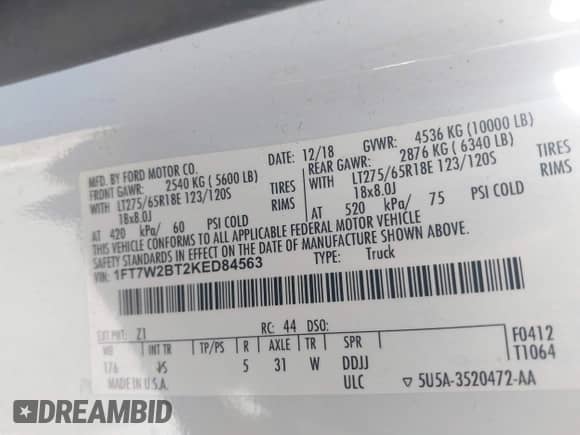 2019 Ford F-250 XL with VIN 1FT7W2BT2KED84563, listed as a IAAI auction lot 43230876 with 227,742 mi miles and . Bid and sale history available at DreamBid. Image 9.