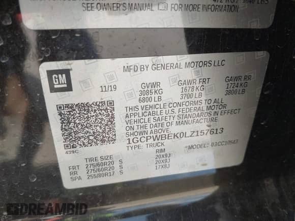 2020 Chevrolet Silverado 1500 Custom z VIN 1GCPWBEK0LZ157613, wystawiony jako IAAI lot #43247346 z przebiegiem 155 094 mil mil oraz . Historia ofert i sprzedaży dostępna na DreamBid. Obrazek 9.