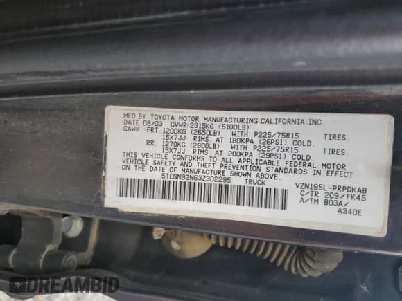 2003 Toyota Tacoma PreRunner с VIN 5TEGN92N63Z302295, выставлен на аукционе Copart как лот 84983425 с пробегом 200 830 миль миль и Списание • Salvage title. История ставок и продаж доступна на DreamBid. Изображение 12.