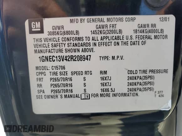 2002 Chevrolet Tahoe LS z VIN 1GNEC13V42R208947, wystawiony jako Copart lot #80217455 z przebiegiem 302 468 mil mil oraz Szkoda całkowita • Salvage title. Historia ofert i sprzedaży dostępna na DreamBid. Obrazek 12.