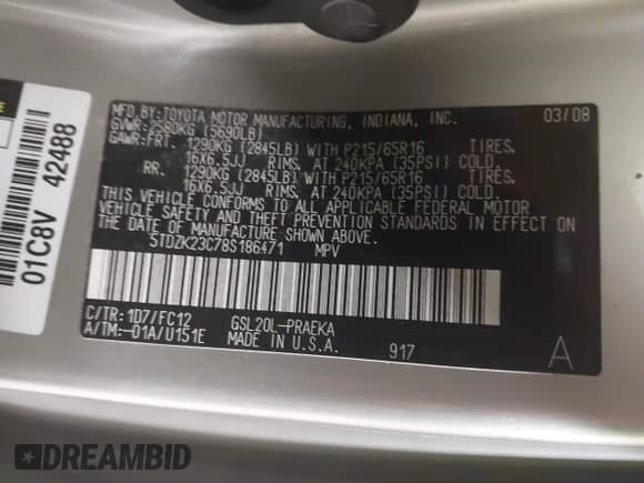 2008 Toyota Sienna LE with VIN 5TDZK23C78S186471, listed as a IAAI auction lot 43514763 with 184,389 mi miles and . Bid and sale history available at DreamBid. Image 9.