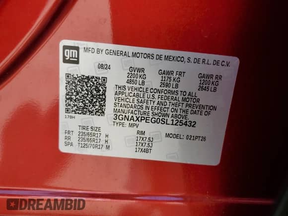 2025 Chevrolet Equinox AWD LT с VIN 3GNAXPEG0SL125432, выставлен на аукционе Copart как лот 70483525 с пробегом 4 967 миль миль и Списание • Salvage title. История ставок и продаж доступна на DreamBid. Изображение 13.