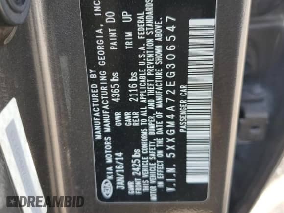 2014 Kia Optima LX с VIN 5XXGM4A72EG306547, выставлен на аукционе Copart как лот 81003415 с пробегом 147 858 миль миль и Списание • Salvage title. История ставок и продаж доступна на DreamBid. Изображение 12.