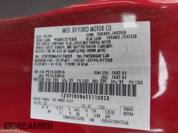 2005 Ford Mustang Deluxe z VIN 1ZVFT80N655110828, wystawiony jako IAAI lot #43424977 z przebiegiem 170 331 mil mil oraz . Historia ofert i sprzedaży dostępna na DreamBid. Obrazek 9.