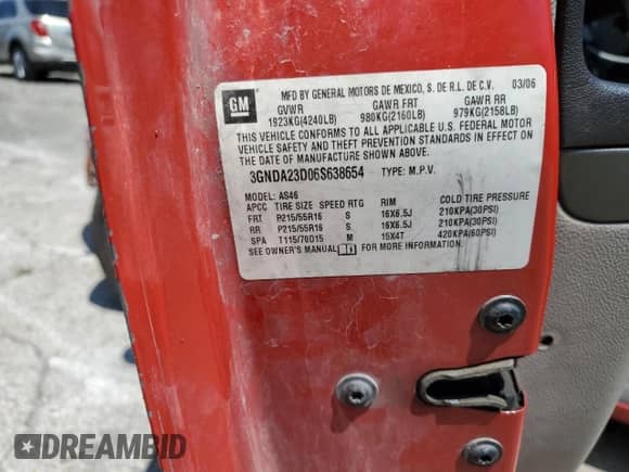 2006 Chevrolet HHR LT с VIN 3GNDA23D06S638654, выставлен на аукционе Copart как лот 64685364 с пробегом Не указан миль и Чистый • Clean title. История ставок и продаж доступна на DreamBid. Изображение 15.