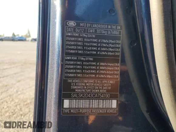 2012 Land Rover Range Rover Sport HSE Lux with VIN SALSK2D43CA754190, listed as a Copart auction lot 67847555 with 88,459 mi miles and Clean title. Bid and sale history available at DreamBid. Image 13.