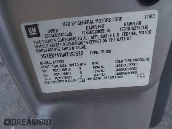 2004 GMC Sierra 1500 SLE with VIN 1GTEK14T94Z197522, listed as a IAAI auction lot 41653960 with 194,046 mi miles and . Bid and sale history available at DreamBid. Image 9.