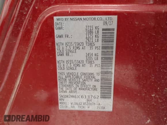 2018 Nissan Pathfinder S with VIN 5N1DR2MN6JC613762, listed as a IAAI auction lot 41801757 with 40,172 mi miles and . Bid and sale history available at DreamBid. Image 9.