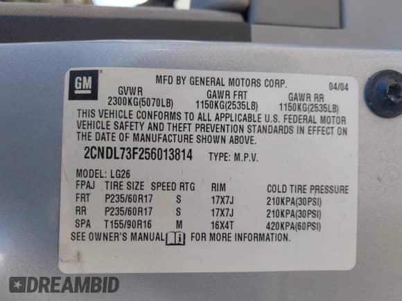 2005 Chevrolet Equinox LT с VIN 2CNDL73F256013814, выставлен на аукционе IAAI как лот 42971842 с пробегом 147 498 миль миль и . История ставок и продаж доступна на DreamBid. Изображение 9.